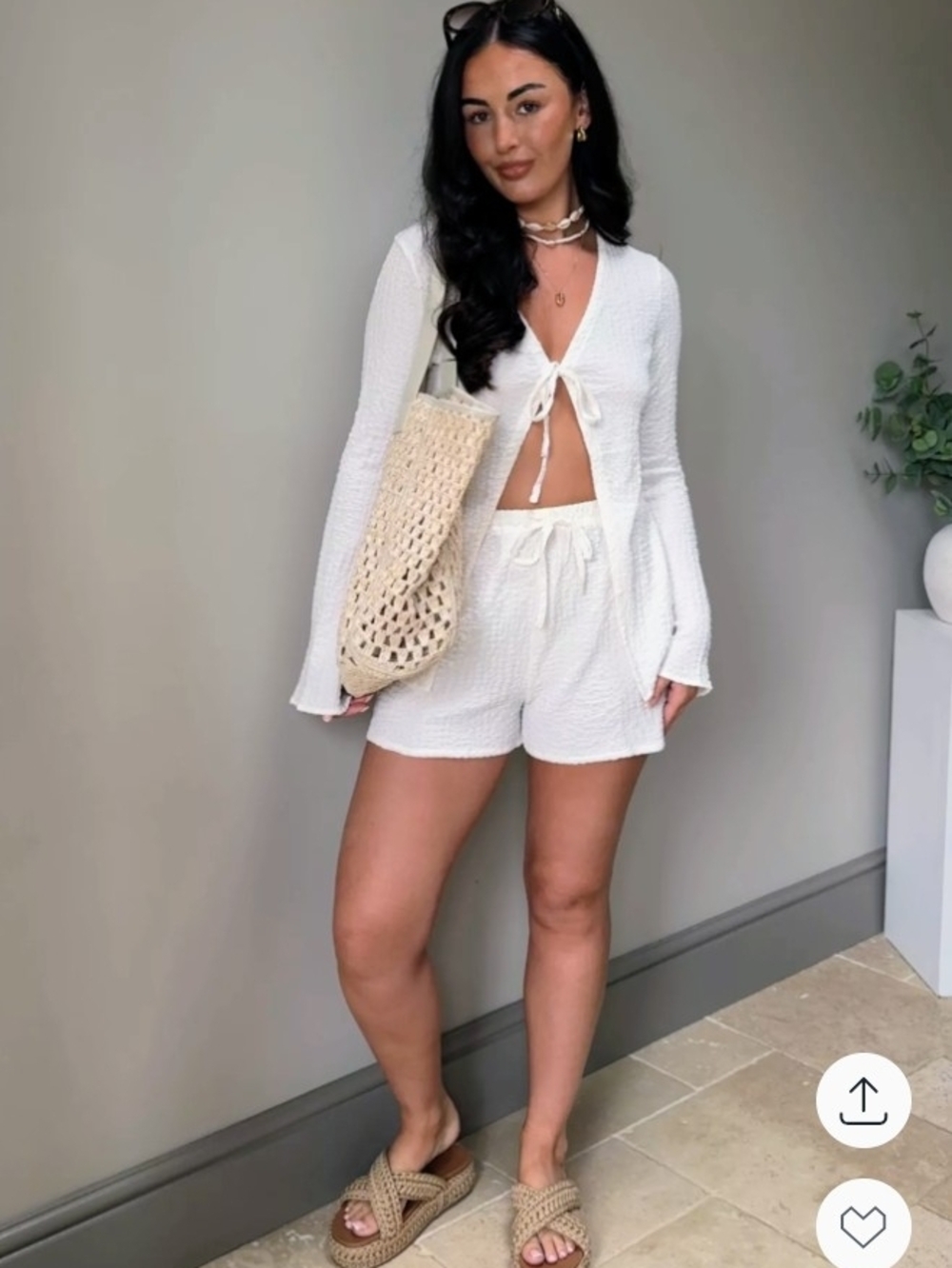 Women’s White Textured Tie-Front Lounge Top & Shorts Set